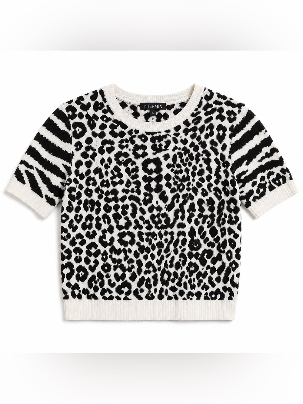 INTERMIX Animal Print Knit Sweater Large Black White Short Sleeve Luxe Pullover - Picture 2 of 7